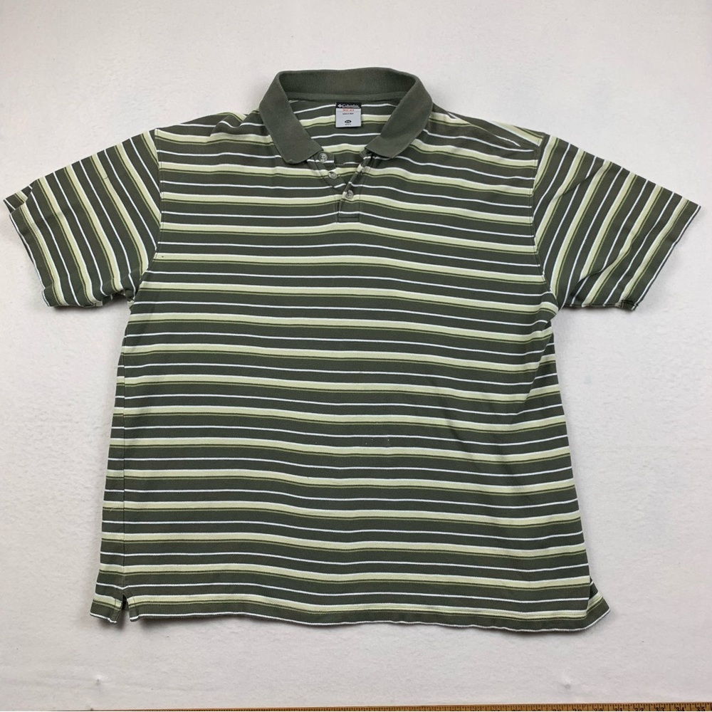 Columbia XCO Polo Shirt Mens XXL Green‎ Yellow Striped Cotton Knit Outdoor